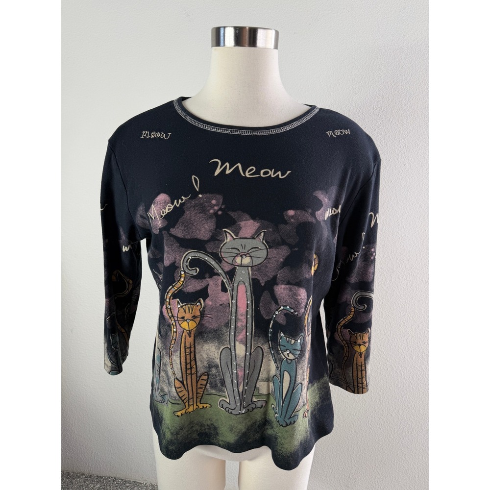 Jess & Jane Womens Large Meow Meow Cat Black Cotton Top USA 3/4 Sleeve Shirt